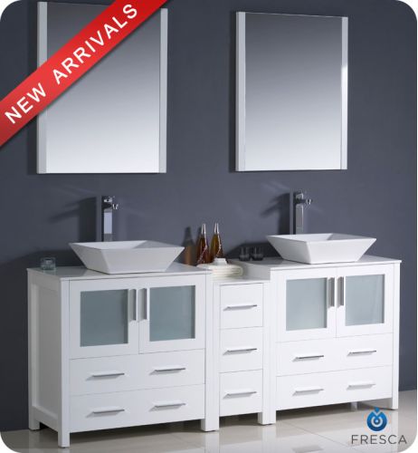 Fresca Torino 72-inch White Modern Double Sink Bathroom Vanity wit Side Cabinet and Vessel Sinks