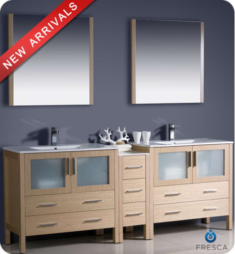Fresca Torino 84-inch Light Oak Modern Double Sink Bathroom Vanity with Side Cabinet and Undermount Sinks