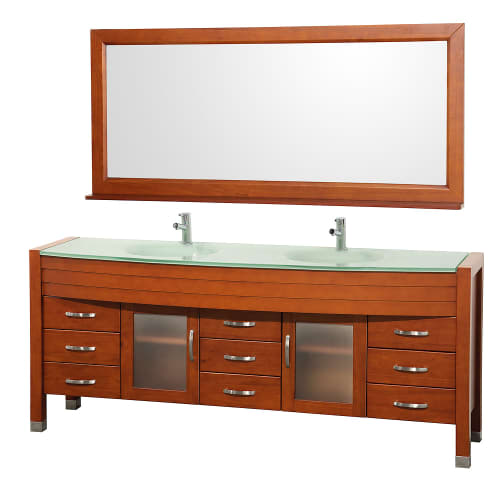 Wyndham Collection Daytona 78 in. Vanity in Cherry with Double Basin Glass Vanity Top in Aqua and Mirror WCV220078CHGR