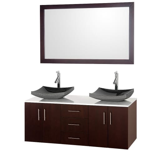 Wyndham Collection WC-B400-55-ESP-OM Espresso / White Glass Top Arrano Arrano Wall Mounted Modern Double Vanity Set - Includes Cabinet, Glass Top, Overmount Sinks and Mirror WC-B400-55-ESP-OM
