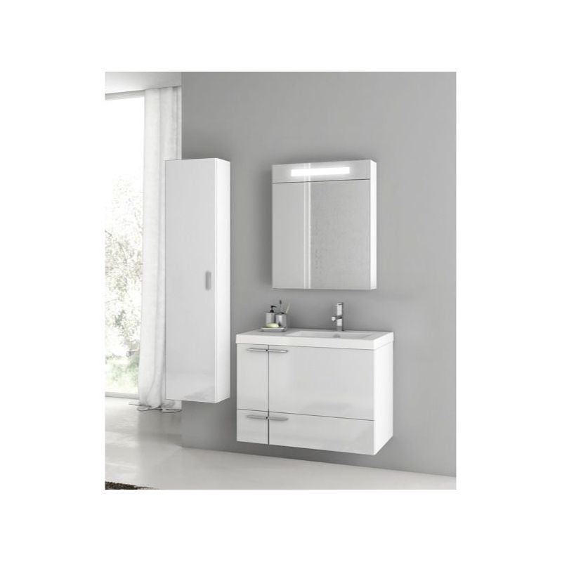 ACF by Nameeks ANS307 New Space Wall Mounted Vanity Set with Wood Cabinet, Ceram Glossy White Fixture Single