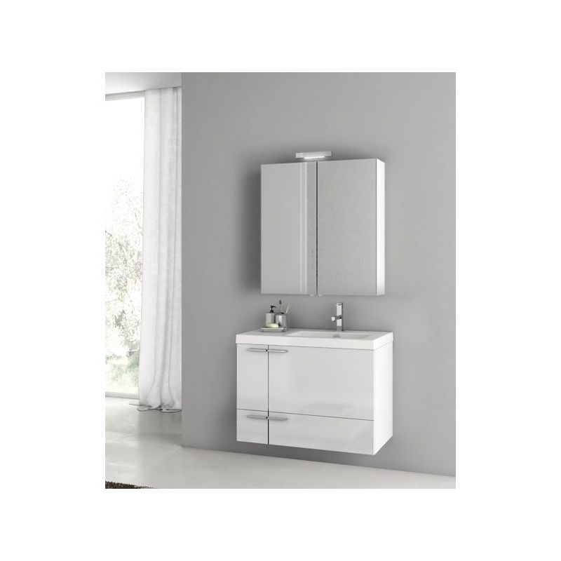 ACF by Nameeks ANS310 New Space Wall Mounted Vanity Set with Wood Cabinet, Ceram Glossy White Fixture Single