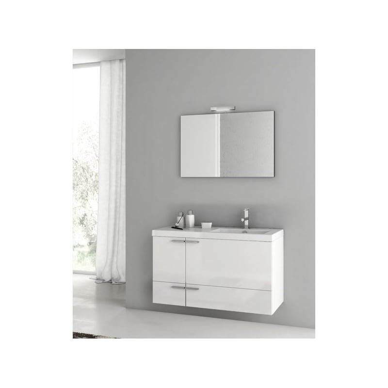 ACF by Nameeks ANS324 New Space Wall Mounted Vanity Set with Wood Cabinet, Ceram Glossy White Fixture Single