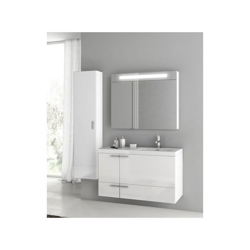ACF by Nameeks ANS325 New Space Wall Mounted Vanity Set with Wood Cabinet, Ceram Glossy White Fixture Single