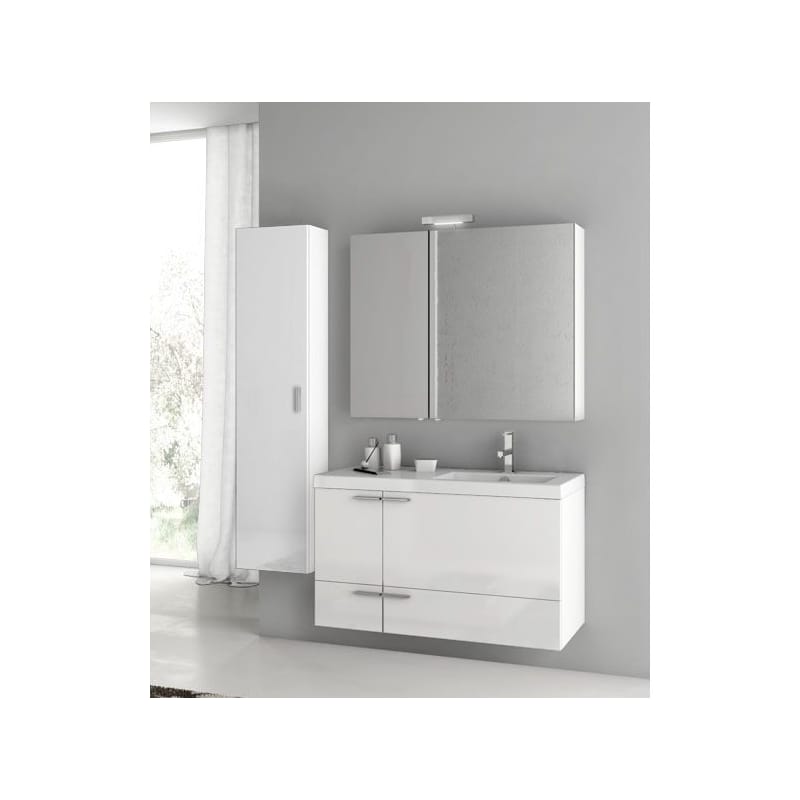 ACF by Nameeks ANS327 New Space Wall Mounted Vanity Set with Wood Cabinet, Ceram Glossy White Fixture Single