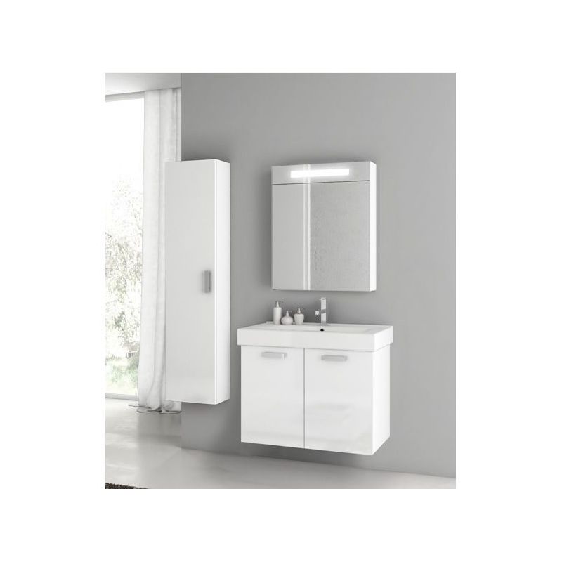 ACF by Nameeks C127 Cubical Wall Mounted Vanity Set with Wood Cabinet, Ceramic T Glossy White Fixture Single