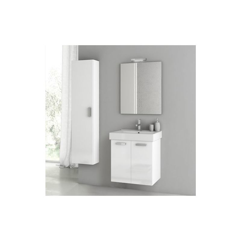 ACF by Nameeks C35 Cubical 2 23 Wall Mounted Vanity Set with Wood Cabinet, Cera Glossy White Fixture Single