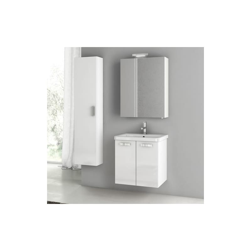 ACF by Nameeks CP47 City Play 22 Wall Mounted Vanity Set with Wood Cabinet, Cer Glossy White Fixture Single