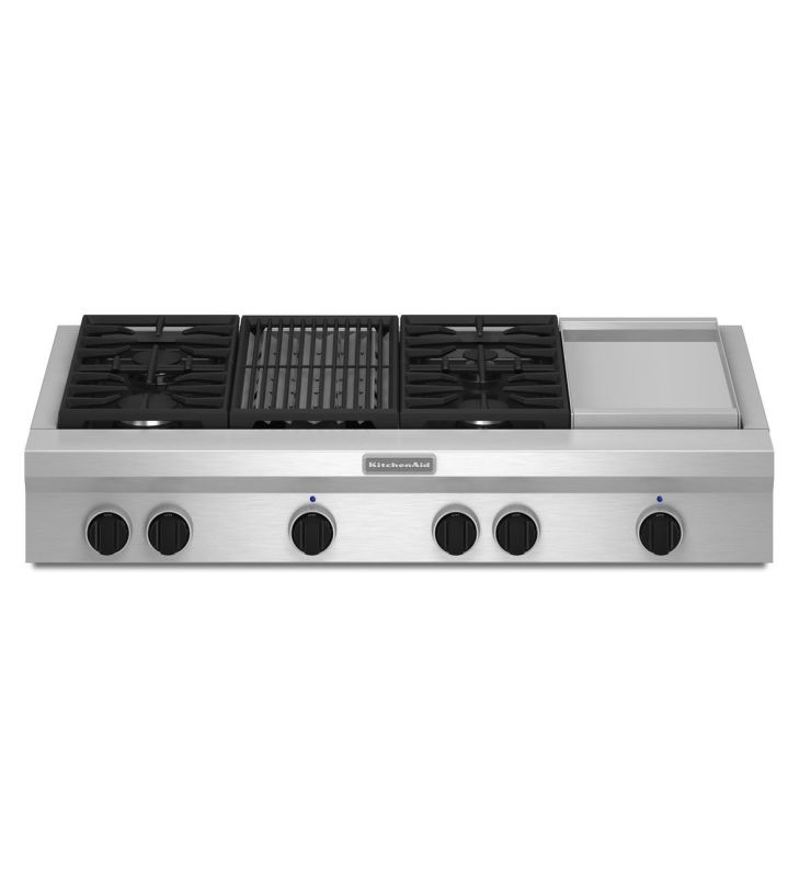 KitchenAid KGCU484V 48 Inch Wide Commercial Style Gas Cooktop with Gas Grill and Stainless Steel Cooktops Gas