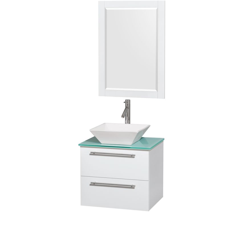 Wyndham Collection WCR410024 24 Wall Mounted Vanity Set with MDF Cabinet, Glass Glossy White \/ Green Glass Top Fixture Single