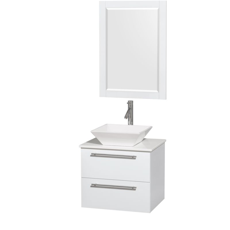 Wyndham Collection WCR410024 24 Wall Mounted Vanity Set with MDF Cabinet, Glass Glossy White \/ White Stone Top Fixture Single