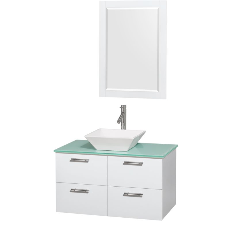 Wyndham Collection WCR410036 36 Wall Mounted Vanity Set with MDF Cabinet, Glass Glossy White \/ Green Glass Top Fixture Single