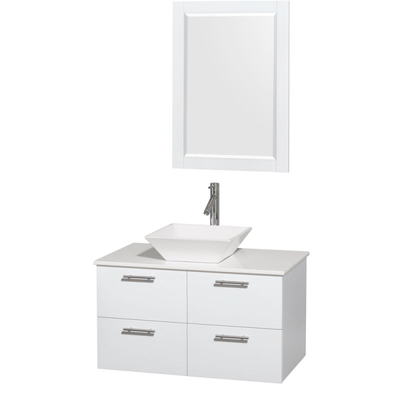 Wyndham Collection WCR410036 36 Wall Mounted Vanity Set with MDF Cabinet, Glass Glossy White \/ White Stone Top Fixture Single