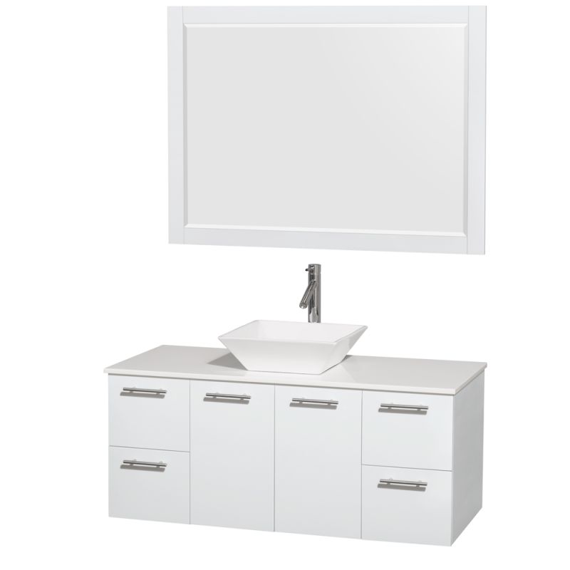 Wyndham Collection WCR410048 48 Wall Mounted Vanity Set with MDF Cabinet, Glass Glossy White \/ White Stone Top Fixture Single
