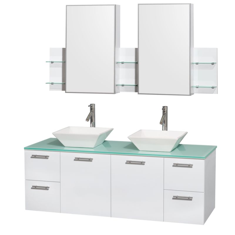 Wyndham Collection WCR410060DB 60 Wall Mounted Vanity Set with MDF Cabinet, Gla Glossy White \/ Green Glass Top Fixture Double