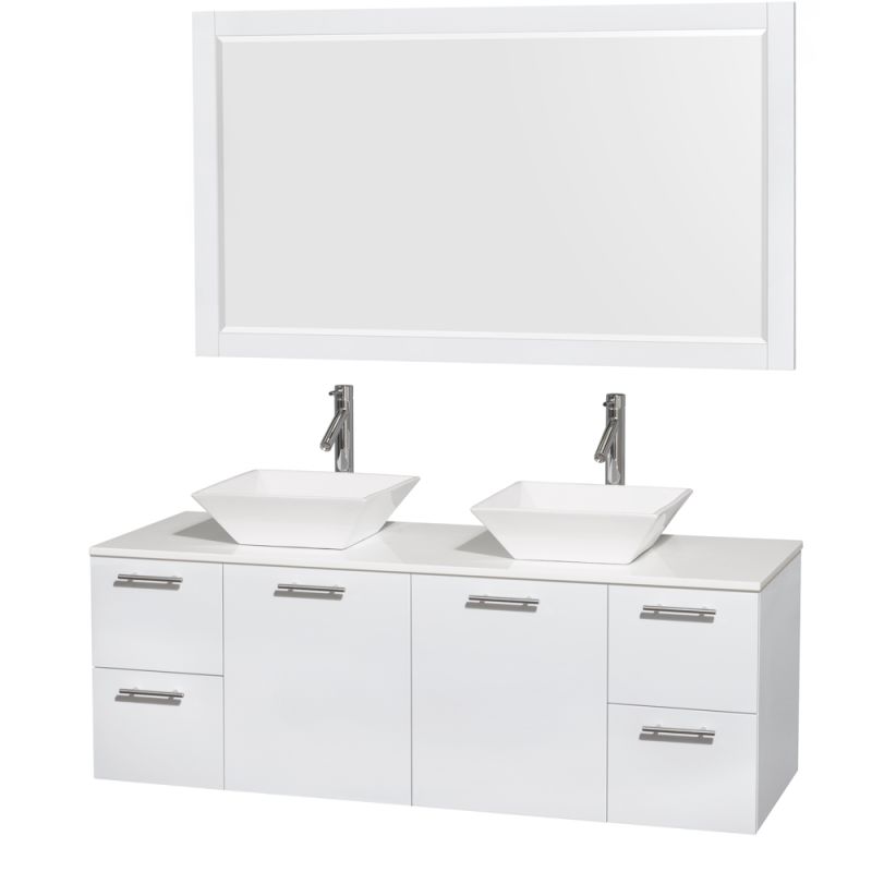 Wyndham Collection WCR410060M1DB 60 Wall Mounted Vanity Set with MDF Cabinet, G Glossy White \/ White Stone Top Fixture Double