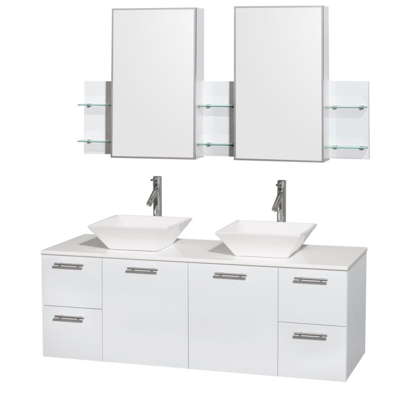 Wyndham Collection WCR410060DB 60 Wall Mounted Vanity Set with MDF Cabinet, Gla Glossy White \/ White Stone Top Fixture Double