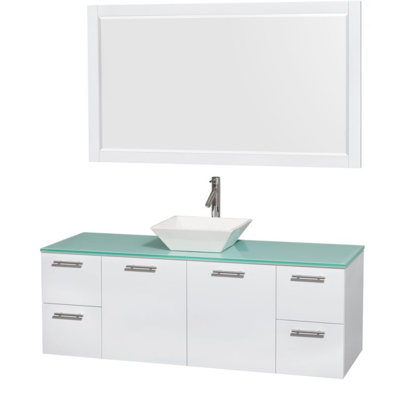 Wyndham Collection WCR410060 72 Wall Mounted Vanity Set with MDF Cabinet, Glass Glossy White \/ Green Glass Top Fixture Double