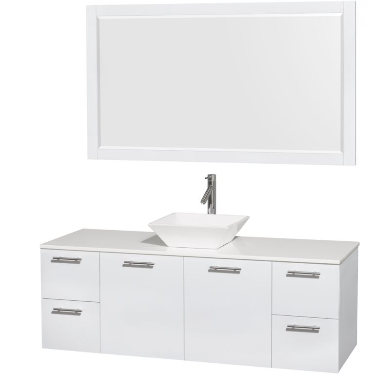 Wyndham Collection WCR410060 72 Wall Mounted Vanity Set with MDF Cabinet, Glass Glossy White \/ White Stone Top Fixture Double