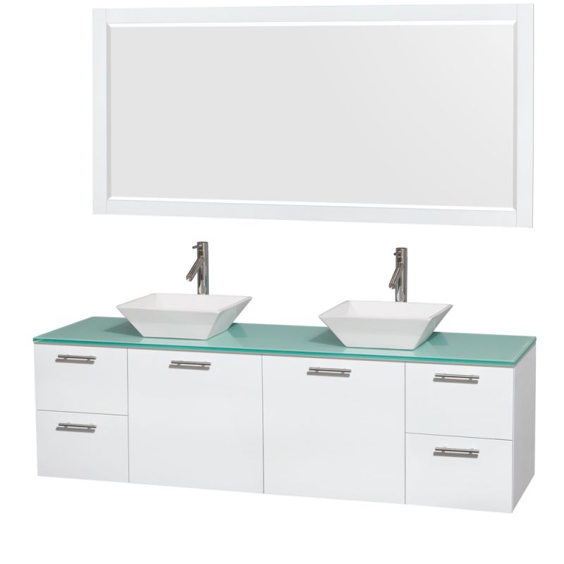 Wyndham Collection WCR410072M1DB 72 Wall Mounted Vanity Set with MDF Cabinet, G Glossy White \/ Green Glass Top Fixture Double