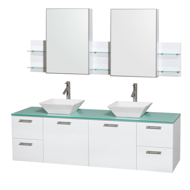 Wyndham Collection WCR410072DB 72 Wall Mounted Vanity Set with MDF Cabinet, Gla Glossy White \/ Green Glass Top Fixture Double
