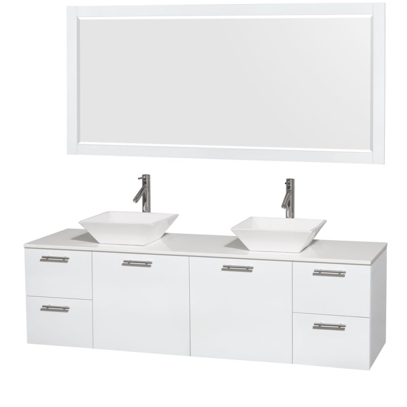 Wyndham Collection WCR410072M1DB 72 Wall Mounted Vanity Set with MDF Cabinet, G Glossy White \/ White Stone Top Fixture Double