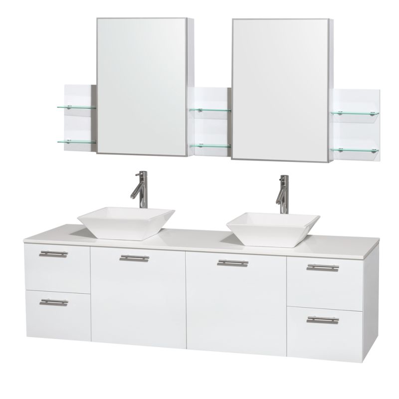 Wyndham Collection WCR410072DB 72 Wall Mounted Vanity Set with MDF Cabinet, Gla Glossy White \/ White Stone Top Fixture Double