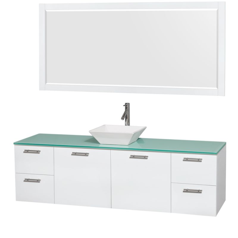 Wyndham Collection WCR410072 72 Wall Mounted Vanity Set with MDF Cabinet, Glass Glossy White \/ Green Glass Top Fixture Double