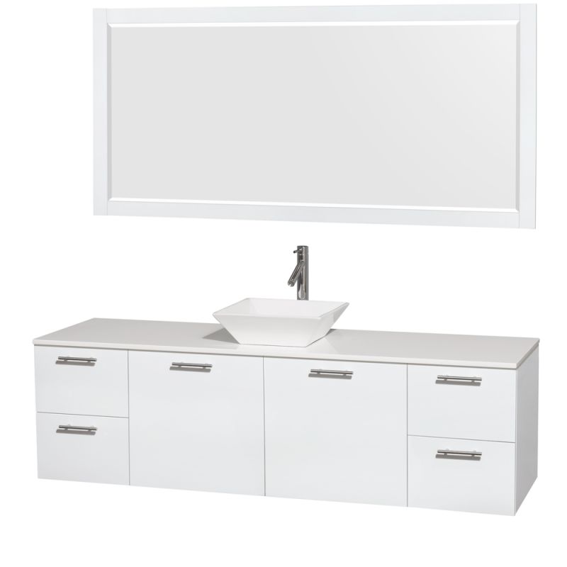 Wyndham Collection WCR410072 72 Wall Mounted Vanity Set with MDF Cabinet, Glass Glossy White \/ White Stone Top Fixture Double